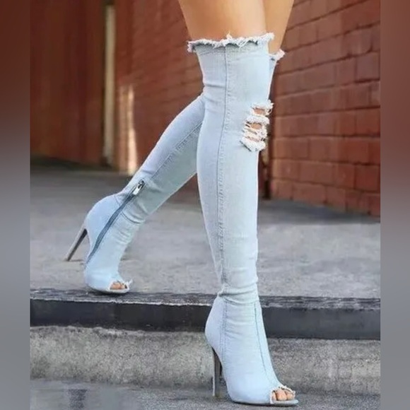 Shoes - 🖤SOLD🖤 New Light Denim Over the Knee Peep Toe High Heel Boots.
